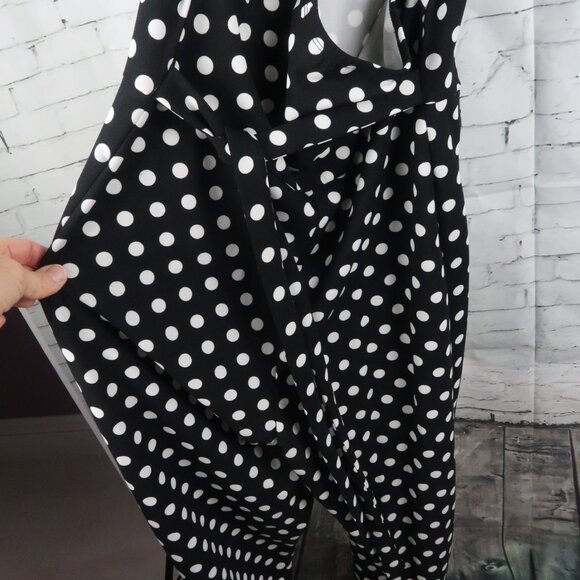 BEBE BLACK & WHITE POLKA DOT HIGH NECK HALTER RUFFLE WIDE LEG JUMPSUIT SIZE 10 - Picture 10 of 10